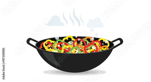 Vibrant Sliced Bell Peppers Simmering in a Black Wok, Emitting Delicate Wisps of Steam Against a Clean White Backdrop