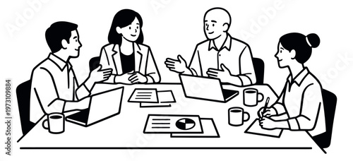 Hand drawn line art illustration of business people depicting a business meeting and collaboration for a professional workplace setting