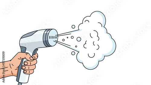 Hand holding a clothes steamer producing steam, symbolizing garment care, wrinkle removal, household chores, and efficiency.