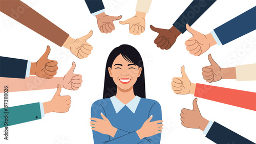 Happy woman embracing herself, surrounded by thumbs-up gestures, symbolizing self-love, positive feedback, appreciation, and confidence.