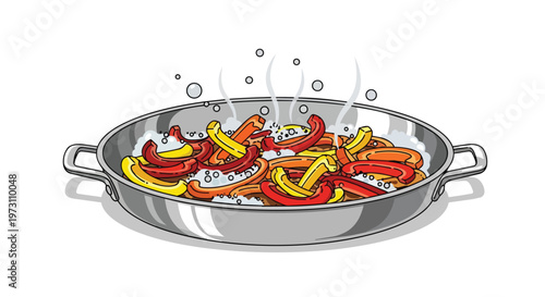 Vibrant Slices of Bell Pepper Sizzling in a Hot Pan, Illustrating Culinary Preparation and Fresh Ingredients