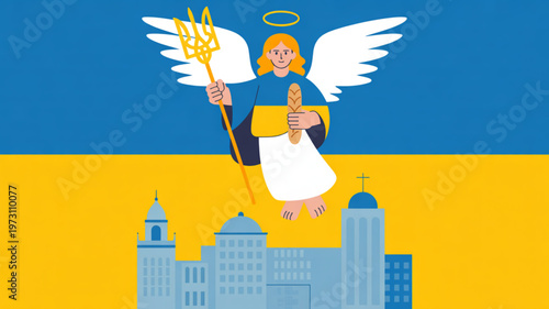 Angel guardian with trident standing over cityscape under ukrainian flag colors symbolizing protection and national pride