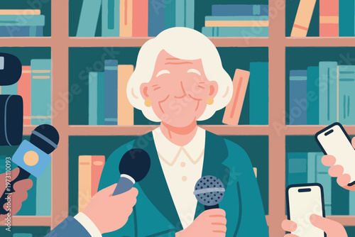 Older person in teal jacket speaking into microphones and smartphone in front of bookshelf, stylized vector illustration.