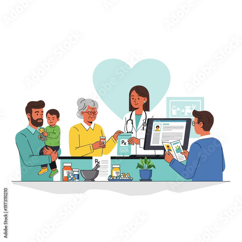 Family at Pharmacy: Doctor, Pharmacist, Patients, Medicine, Healthcare