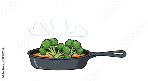 Steaming Broccoli Florets Simmering in a Cast Iron Skillet a Delicious and Healthy Culinary Preparation Rendered in a Whimsical Cartoon Style.