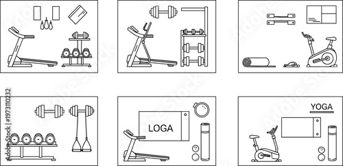 Gym Equipment Line Icon Illustration Set Featuring Treadmill, Dumbbells, Exercise Bike, Yoga Mat, Resistance Bands, and Fitness Training Accessories for Workout Design