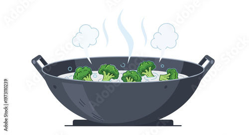 Steaming Fresh Broccoli Florets in a Wok with Rising Vapor Illustrating Healthy Cooking