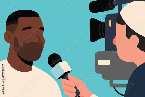 Reporter with microphone and video camera interviewing person against plain blue background, stylized vector illustration.