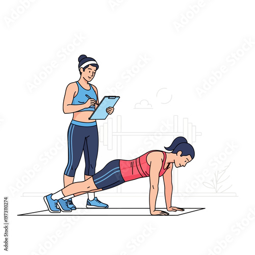 Female trainer supervising woman doing plank exercise in gym
