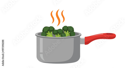 Steaming Fresh Broccoli Florets in a Pot with a Red Handle Illustrating Healthy Cooking and Vibrant Vegetable Preparation Methods