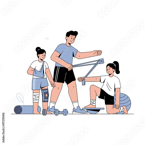 Fitness Instructor Helping Children With Physical Therapy Exercises