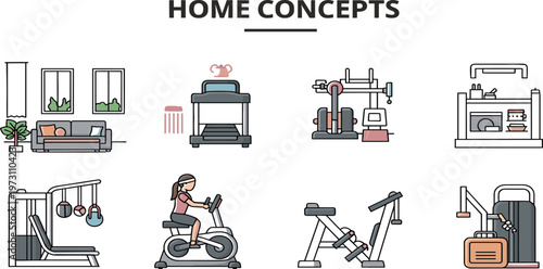 Home Lifestyle and Fitness Equipment Illustration Set Featuring Living Room Interior, Home Gym Machines, Kitchen Setup, and Daily Activity Concepts for Modern Living Design