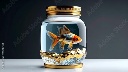 Ornate jar with goldfish, gold details. White surface, dark backdrop