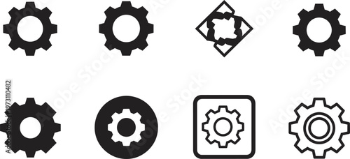 Collection of black gear and settings icons representing system configuration and mechanical processes