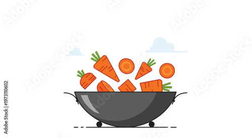 Animated illustration of chopped and whole carrots falling into a dark grey wok with stylized clouds above