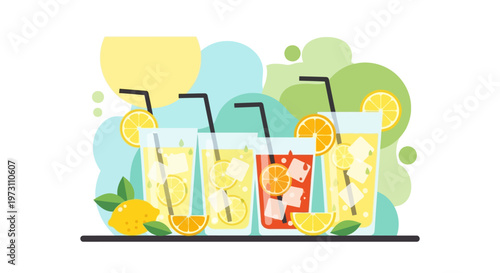 a vibrant illustration of refreshing summer beverages with straws and lemons, perfect for advertising, marketing, or lifestyle concepts