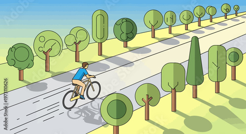 A man rides a bike on a paved path in a park with green trees and grass on a sunny day, ideal for concepts of fitness, recreation, and outdoor activities.