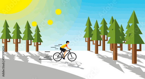 A person rides a bicycle on a snowy mountain path surrounded by pine trees under a bright yellow sun, ideal for outdoor adventure, winter sports, and healthy lifestyle marketing.