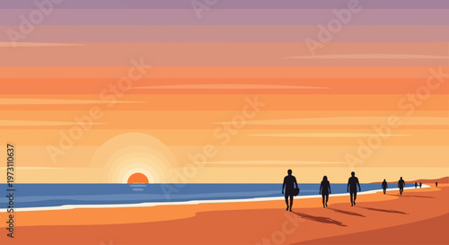 A family enjoying a peaceful evening walk along the shoreline during sunset, evoking warmth and togetherness. Ideal for travel, lifestyle, wellness, and family-oriented marketing campaigns.