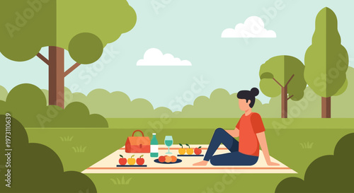 A woman sits on a blanket in a park surrounded by trees, enjoying a meal outdoors on a sunny day.