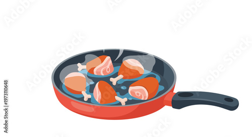 Captivating close-up illustration of chicken drumsticks simmering in a red frying pan, evoking culinary creativity and gastronomic delight, perfect