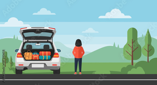 a woman stands next to a car packed with luggage on a scenic road, ready for a journey, symbolizing travel, adventure, and exploration.