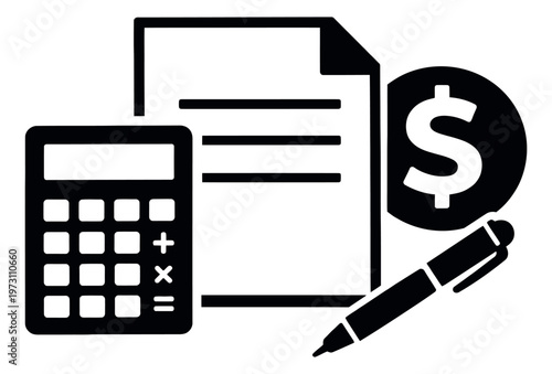 Simple graphic icon set featuring a calculator, document, dollar coin, and pen for financial planning