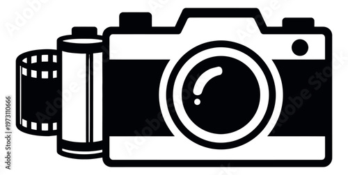 Line art illustration of a photo camera and film roll depicting analog photography for creative design projects