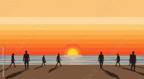a group of people walking along the beach during a vibrant sunset, casting long shadows