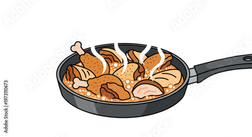 Deliciously Steaming Chicken Pieces Sizzling in a Frying Pan with a Sauce