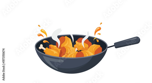 Savory Chicken Pieces Sizzling in a Wok with Splashing Oil and Rising Steam