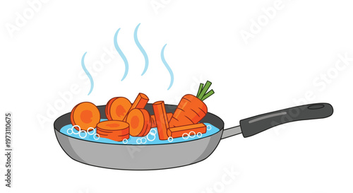 Illustration of freshly chopped carrots simmering in a pan of boiling water, producing steam