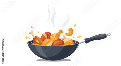 Flavorful Frying Feast: Sizzling Chicken Pieces in a Wok with Golden Splashes and Steam Rising