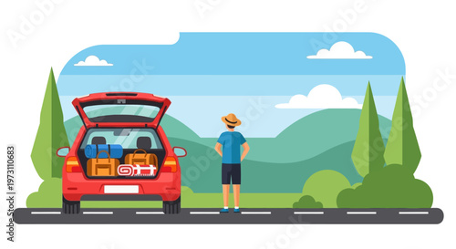 A man in a blue shirt and hat stands beside a red car packed with luggage on a scenic road trip to a mountainous landscape.