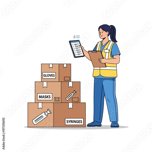 Healthcare worker checking medical supplies inventory with stacked boxes of gloves, masks, syringes.