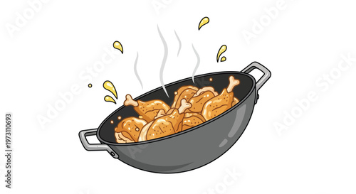 Deliciously Sizzling Chicken Legs in a Frying Pan with Steam and Splashes