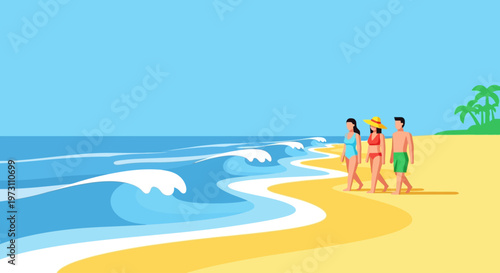 A man and woman in swimwear stroll along a sunny beach with turquoise ocean waves and distant palm trees. Ideal for travel, summer, and vacation themes.