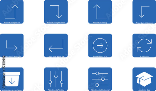 Set of 12 blue navigation and interface icons with arrows and cap.