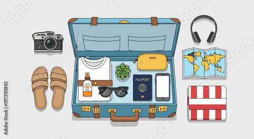 Travel essentials in an open blue suitcase