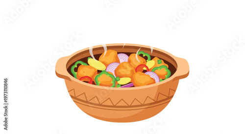 A hearty and appetizing illustration of a warm, steaming stew served in a rustic clay pot, brimming with colorful vegetables and savory chunks,