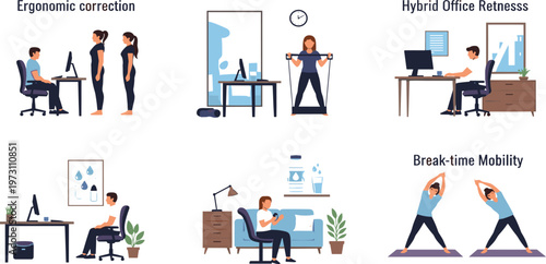 Office Ergonomics and Workplace Wellness Illustration Set Featuring Posture Correction, Hybrid Office Fitness, Break Time Stretching, and Healthy Work Routine Concepts