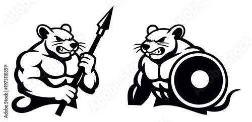 Strong rat character set featuring muscular rodents holding a spear and shield for sports and gaming logos