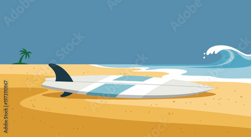 A surfboard lies on a sandy beach with a palm tree in the background and a large ocean wave approaching, evoking a sense of summer vacation and outdoor adventure.