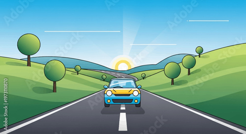 Electric car driving on scenic rural road with futuristic solar trees at sunrise