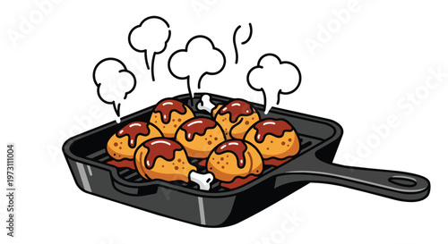 Deliciously Sizzling Fried Chicken Drumsticks with Glaze Served on a Black Grill Pan Emitting Steam