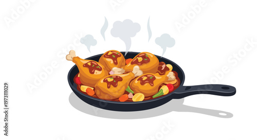 Deliciously Braised Chicken Drumsticks Served Hot in a Cast Iron Skillet with Assorted Vegetables and Glazed Sauce