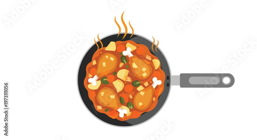 Hearty Chicken Stew Simmering in a Skillet with Vibrant Vegetables and Steam Rising