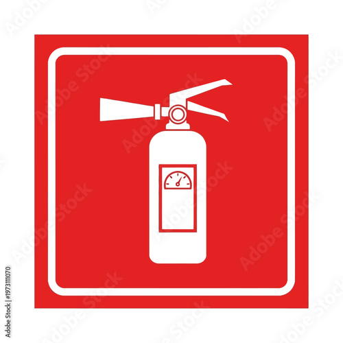White Fire Extinguisher Icon on Red Square Background, Safety Equipment Symbol
