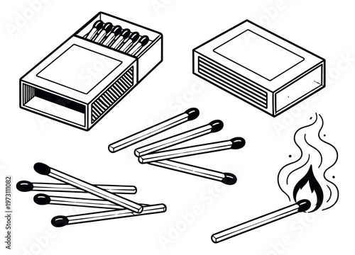 Hand drawn line art matchbox and matches set featuring matchboxes, loose matches, and a lit match for various design projects