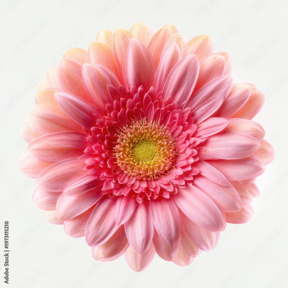 Fototapeta premium Delicate pink gerbera on white background, high-key floral portrait